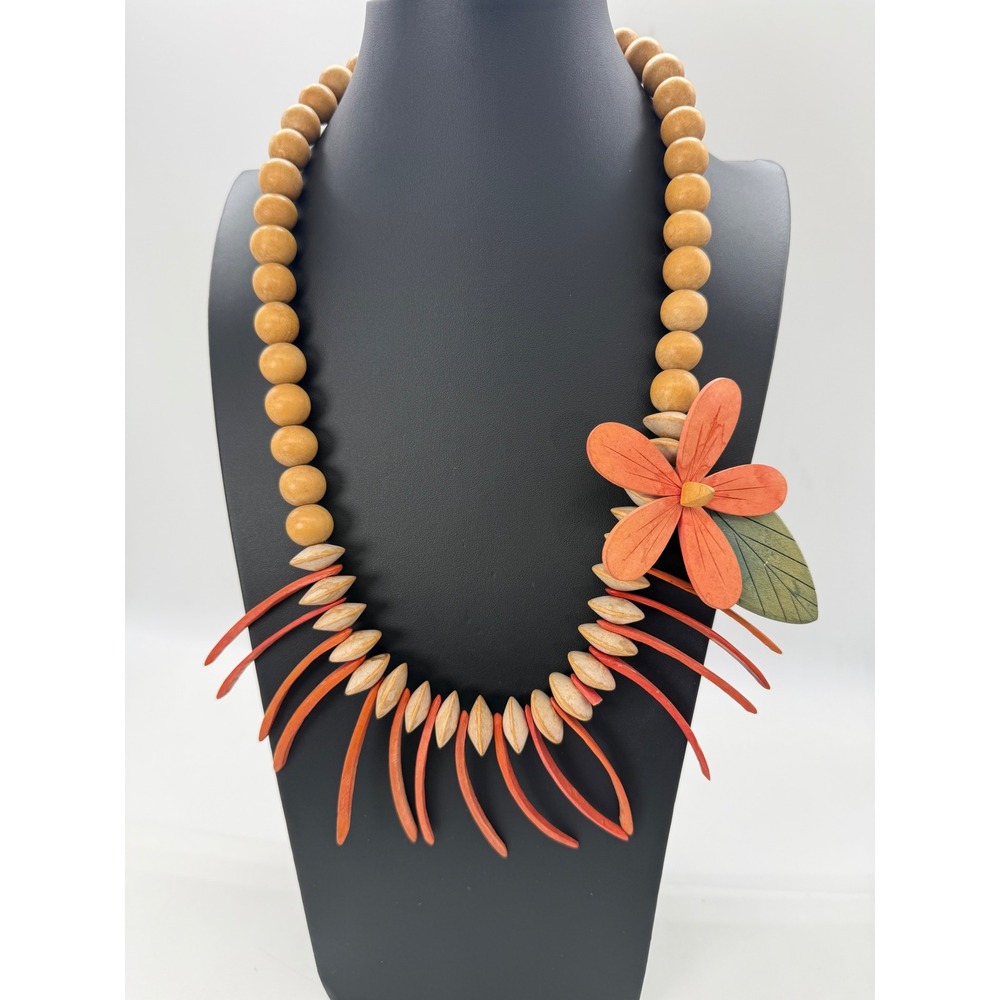 Tropical Wooden Bead Statement Necklace Orange Floral Carved Spike Boho Artisan